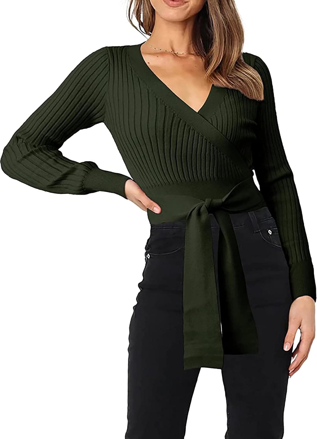 PRETTYGARDEN Women's Fashion Wrap V Neck Cropped Sweater Long Sleeve Solid Slim Fit Belted Pullover Ribbed Knit Sweater Tops