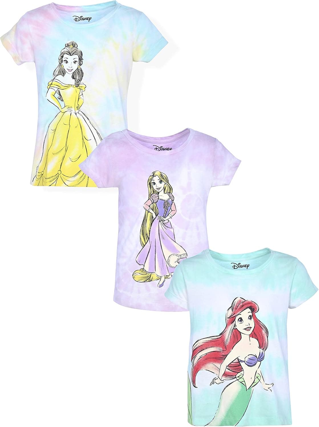 Disney Princess Ariel, Rapunzel and Belle Girls’ T-Shirt 3 Pack for Toddler and Little Kids – Purple/Blue/Pink