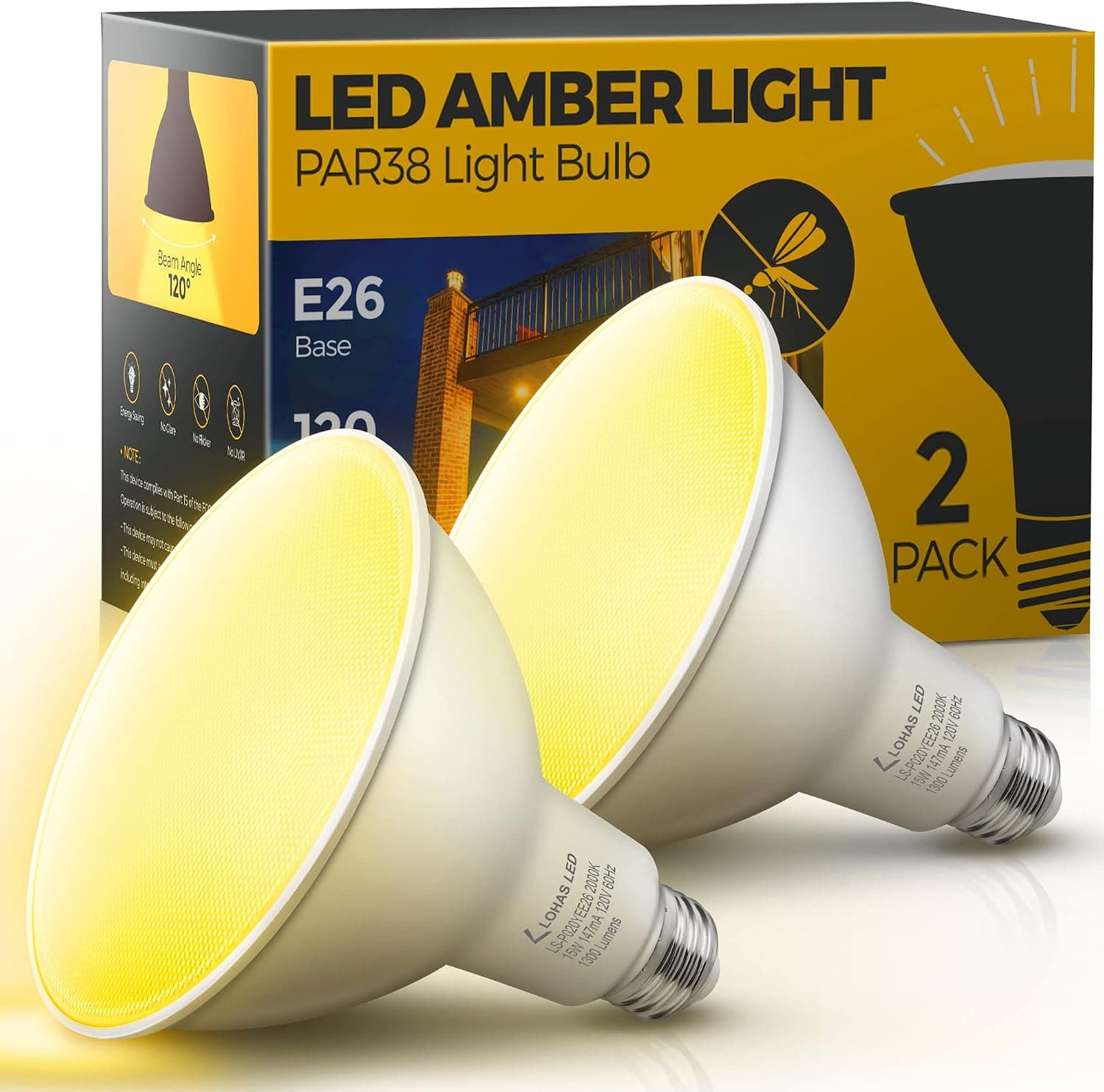 LOHAS Yellow Bug Light Bulbs Outdoor, PAR38 LED Flood Light Outside, 150-200W Equivalent 2000K Non-Attracting, 15W 1300LM Dimmable Amber Porch Lights, E26 Base for Patio, Deck, Backyard, Party, 2 Pack