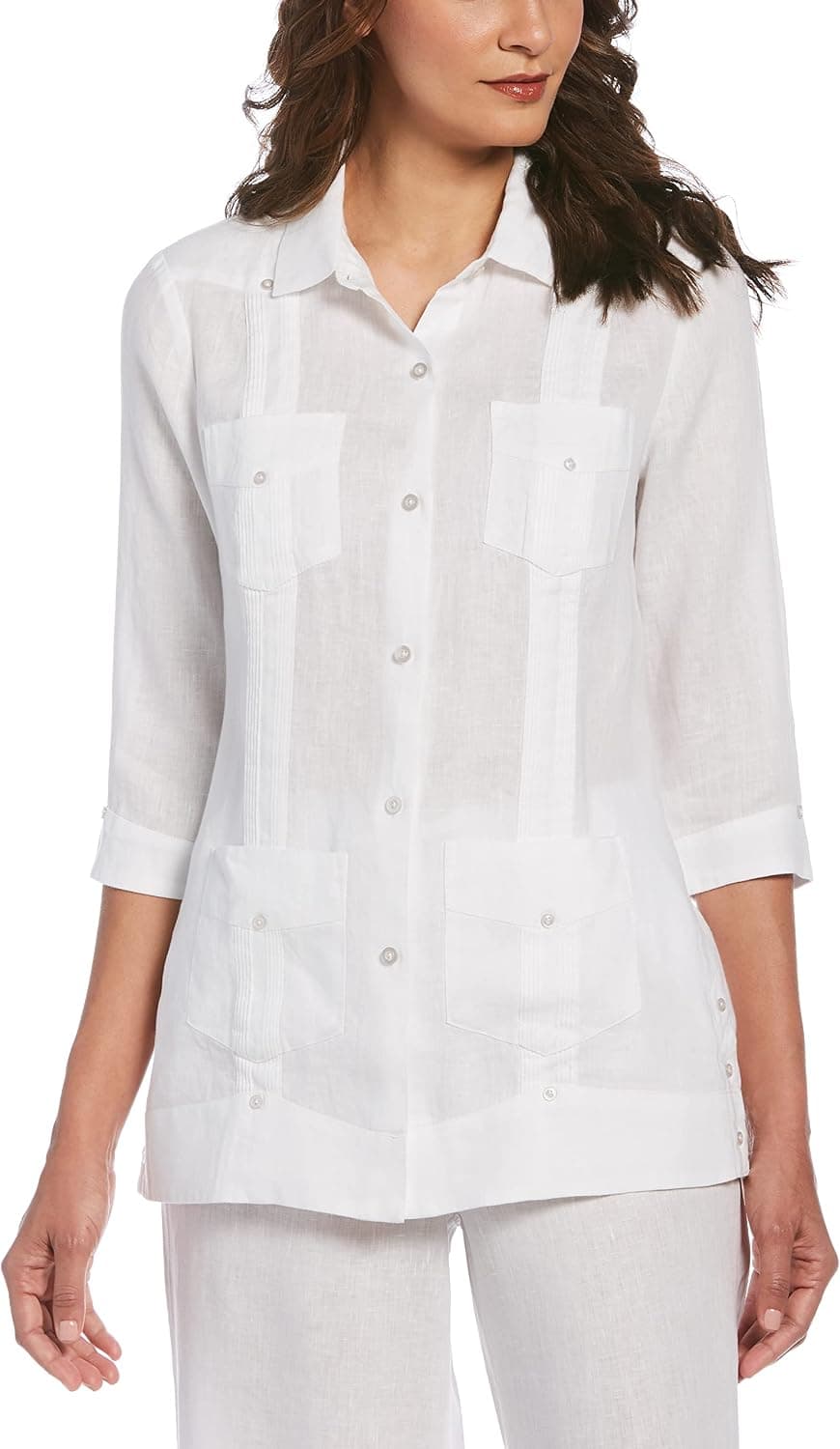 Cubavera Women's Long  3/4 Sleeve Button-Down Solid 100% Linen Guayabera Shirt (Size Small-X-Large)