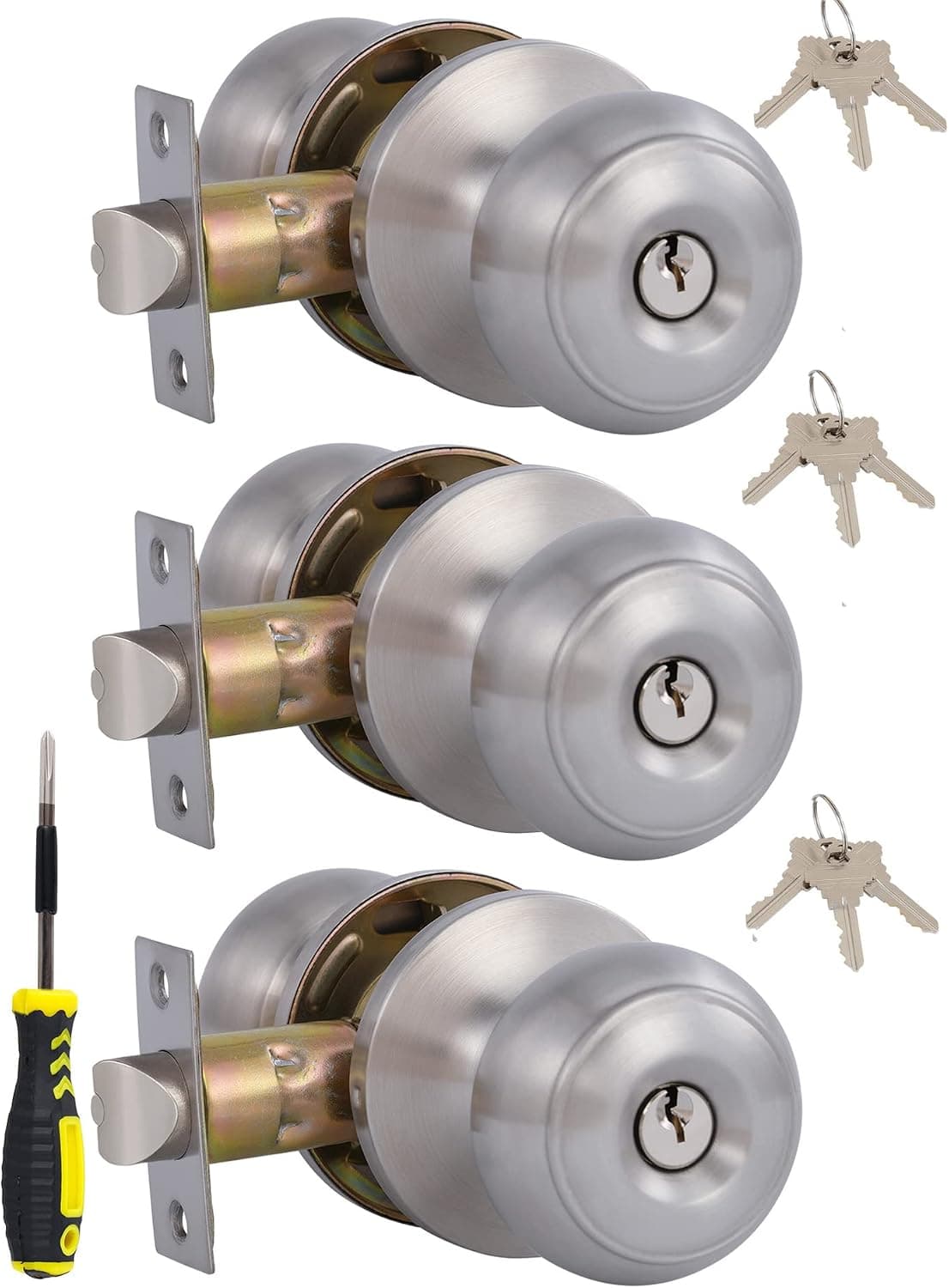 Lanwandeng （3 Pack） Entry Door Knob with Lock and Keys,Exterior/Interior Door Handles for Bedroom or Bathroom,Satin Stainless Steel Door knobs for Front Door