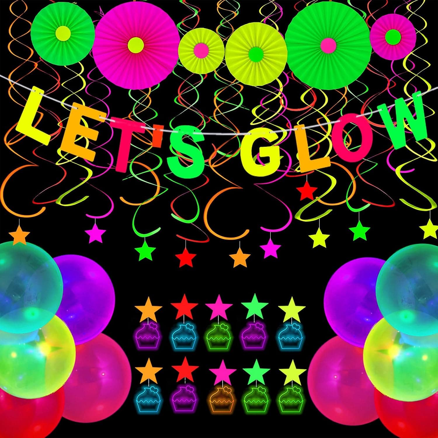 Zonon Glow Neon Party Supplies Includes Let's Glow Banner Star Hanging Swirl Double Hanging Swirl Fluorescent Balloons Star Cupcake Toppers Fluorescent Hanging Paper Fans for Glow Birthday Party