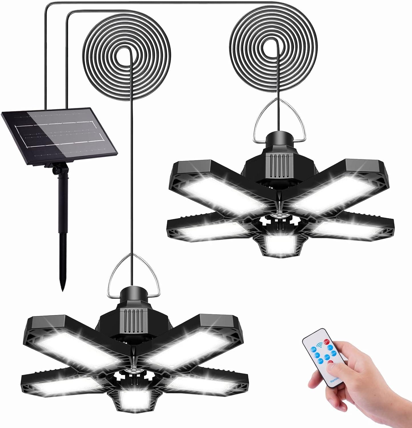 Solar Shed Light with Dual Lamps, 6500K IP65 Waterproof Solar Pendant Light Outdoor Indoor, 5-Leaf 90° Adjustable Sensor Motion Light with Remote & 4 Modes for Home Garage Shop Barn Patio(2 Lamps)
