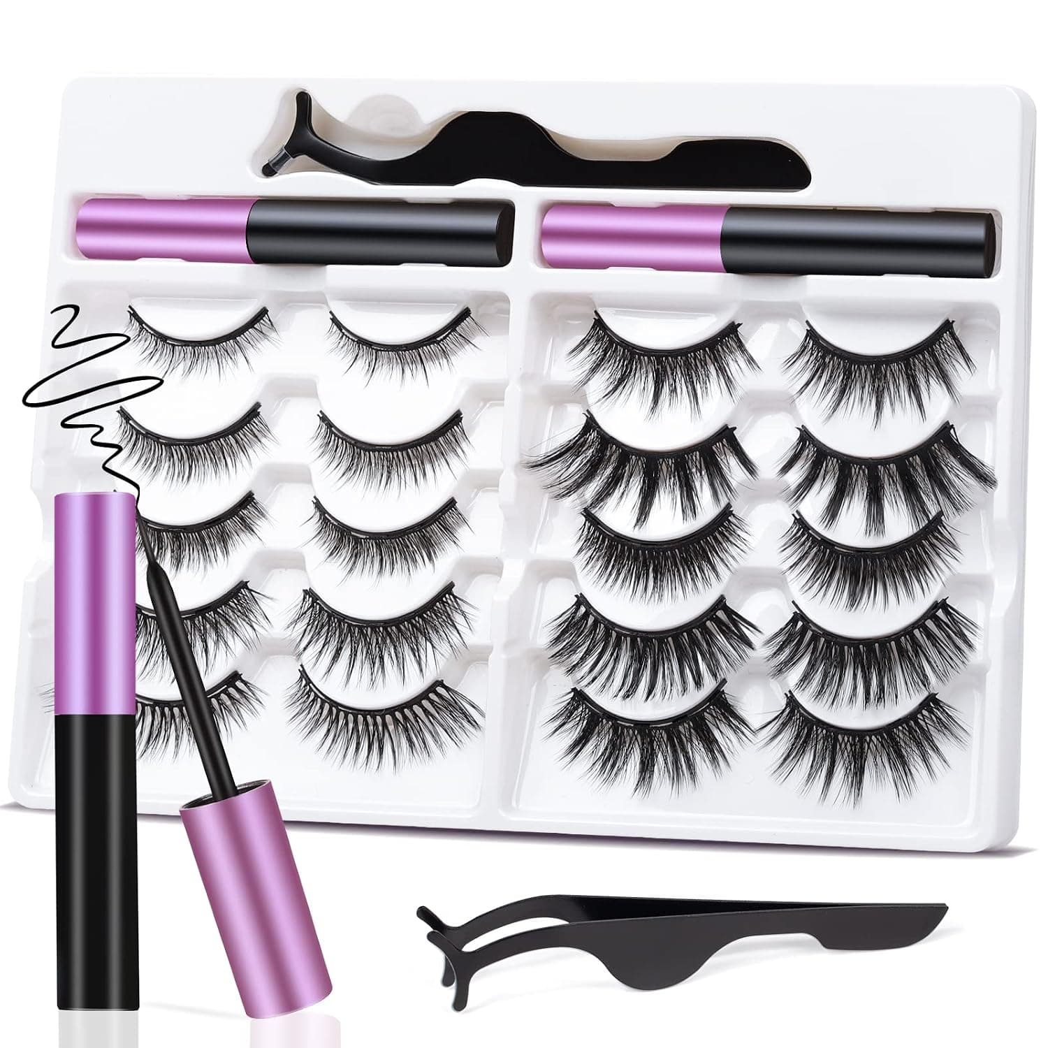 Magnetic Eyelashes and Eyeliner Kit, Natural Look False Eyelashes, Reusable Magnetic Lashes with Eyeliner and Tweezers, No Glue Needed, Easy to Wear [10 Pairs]