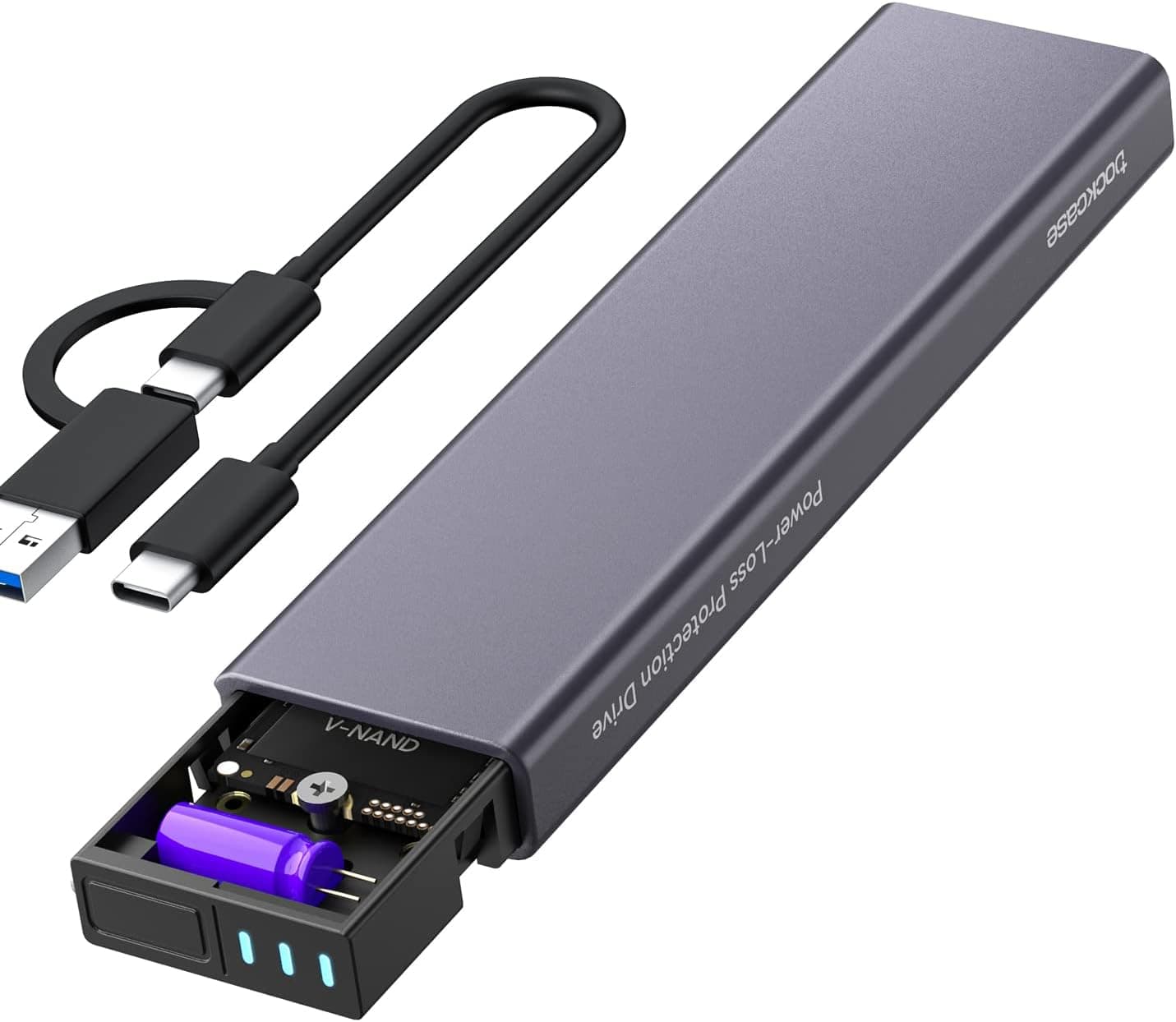 DOCKCASE Smart M.2 NVMe SSD Enclosure,Support 3s PLP Prevents Write Data Loss,USB 3.2 Gen 2 Type-C (10 Gbps), fits NVMe Size 2280,Support M-Key B+M Key UASP Trim