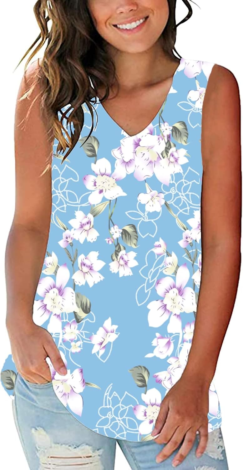 Durzasvo Women's Basic V Neck Tank Tops Casual Summer Tunic Side Split Sleeveless Shirts