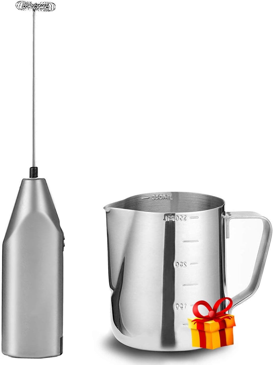 Handheld Milk Frother With Pitcher, Basecent Battery Operated Milk Frother For Coffee, Latte, Cappuccino, Matcha, Frappe Drink | Mini Mixer with Stainless Steel Whisk