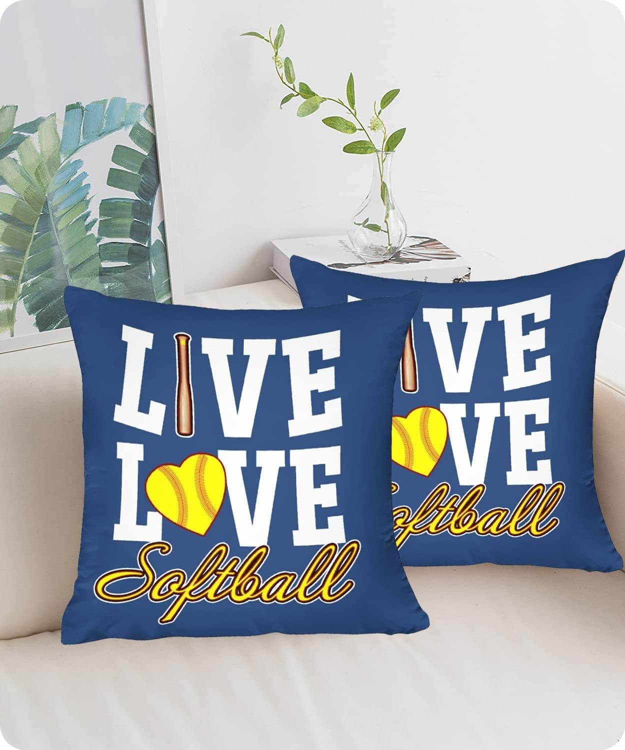 Softball Throw Pillow Covers 18x18 Set of 2, Cotton Couch Pillows Cushion Cover, Holiday Home Decorative Sofa Chair Car Bedroom Outdoor Patio (I Love Softball)