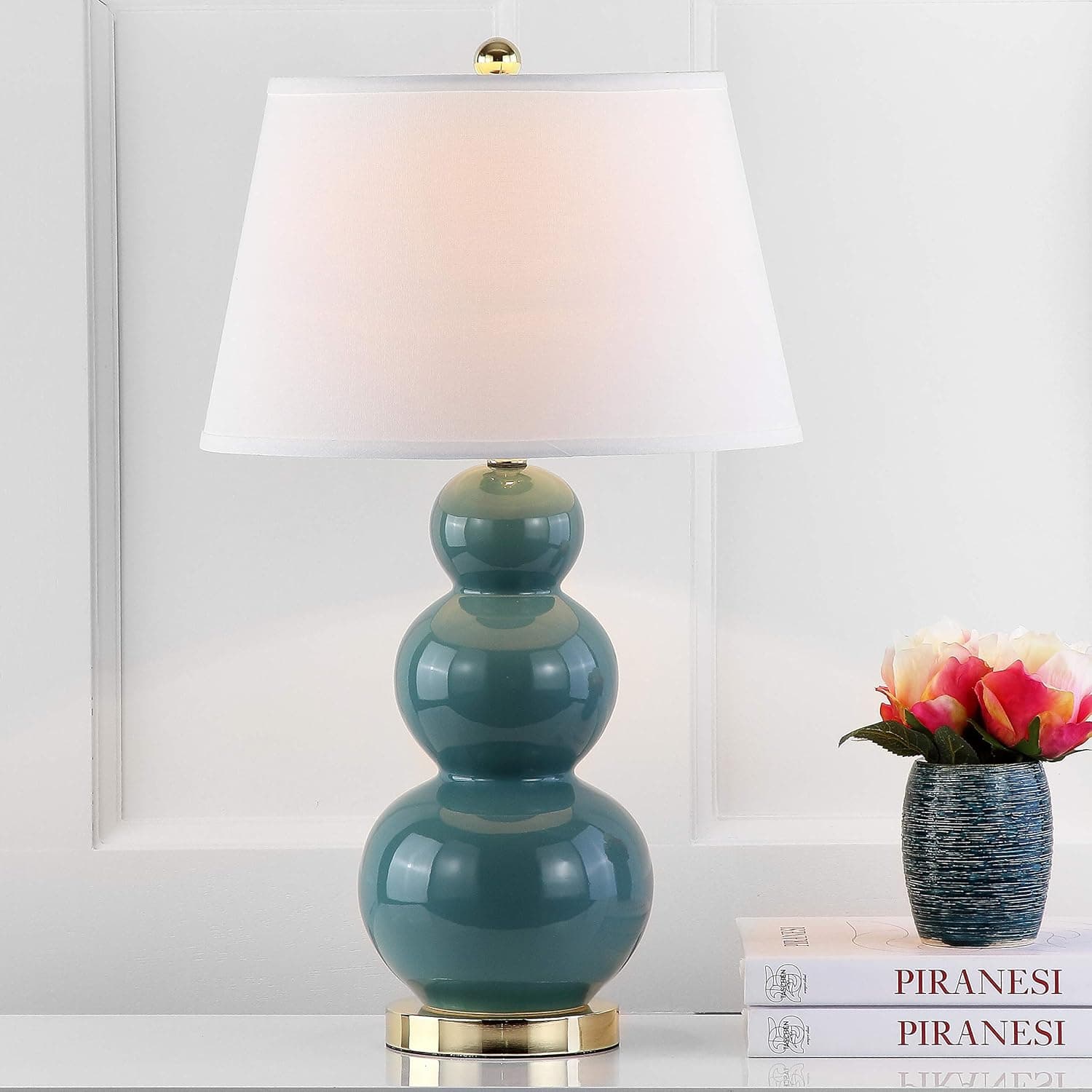 SAFAVIEH Lighting Collection Pamela Modern Contemporary Marine Blue Triple Gourd Ceramic 27-inch Bedroom Living Room Home Office Desk Nightstand Table Lamp Set of 2 (LED Bulbs Included)
