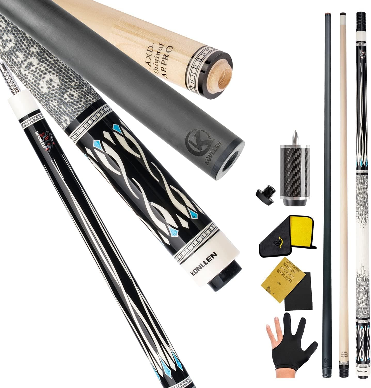 KONLLEN Double Shafts Pool Cue Stick Low Deflection Billiard Cue (Carbon Fiber Shaft，Canadian Selected Technology Maple Shaft, 13mm Tiger Tip, 3/88 Radial Loc-Wood Pin Joint, 58'' Length)