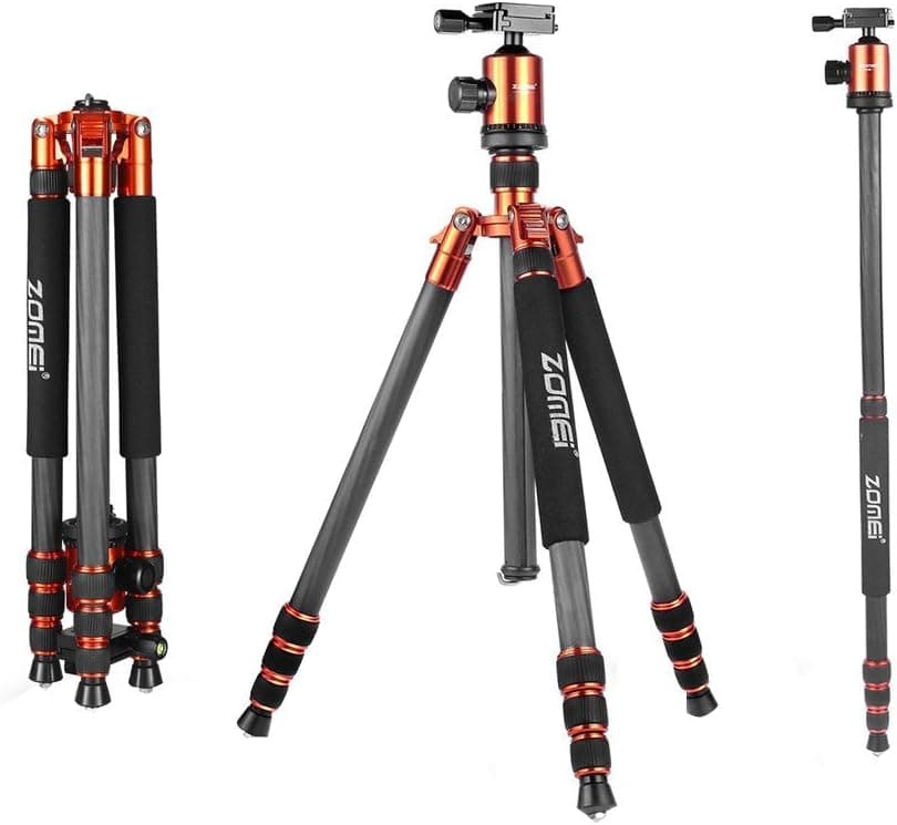 ZOMEI Light Weight Portable Carbon Fiber Travel Complete Tripod Come with Ball Head Carry Case for Digital/Camcorder/DSLR/SLR/Video Camera, Orange