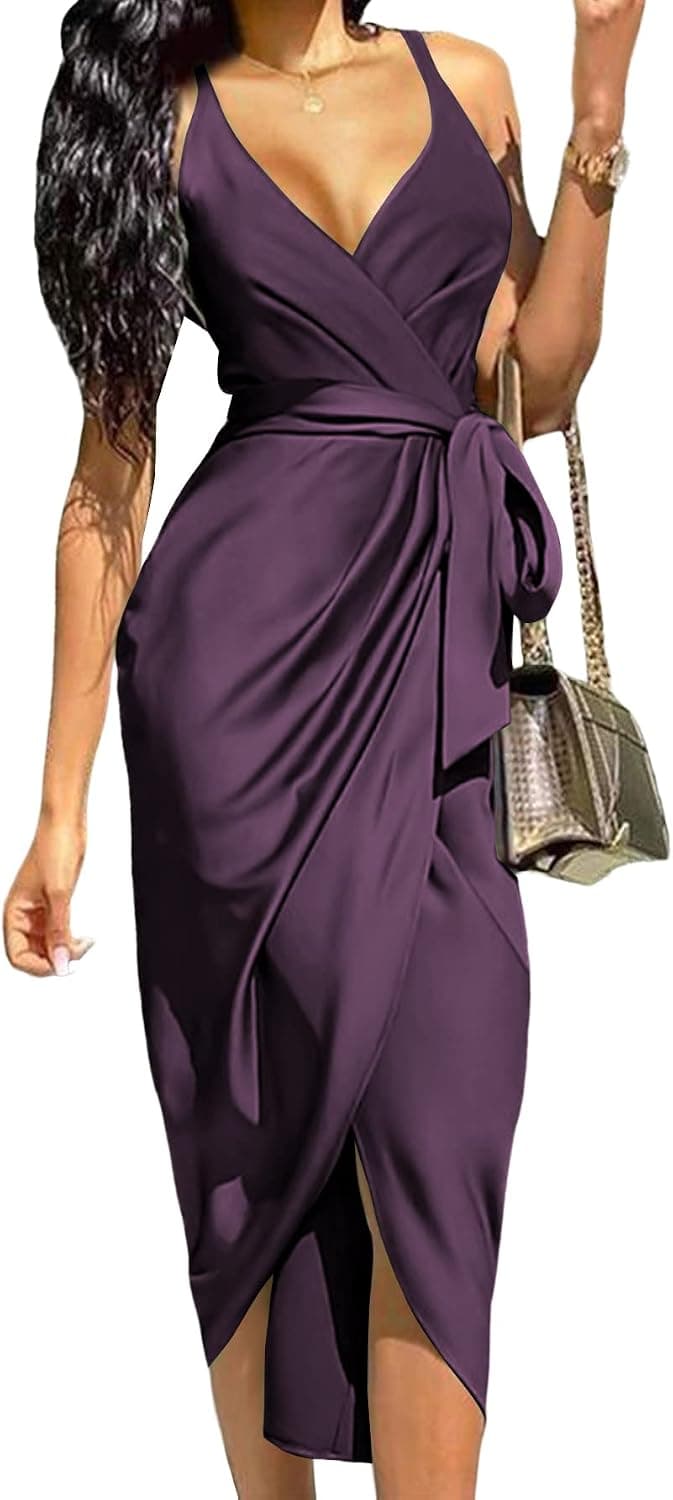 LYANER Women's Satin V Neck Ruched Wrap Sleeveless Tie Waist Slit Hem Cocktail Midi Dress Purple Large