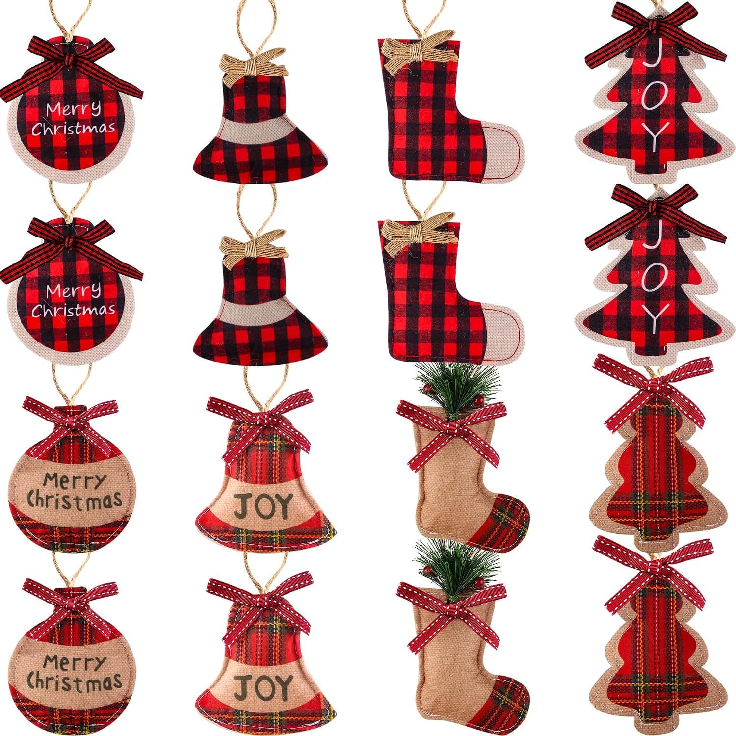 Haconba 16 Pack Burlap Christmas Tree Ornaments Red and Black Buffalo Plaid Rustic Christmas Hanging Decorations for Xmas Holiday Party Home Decor