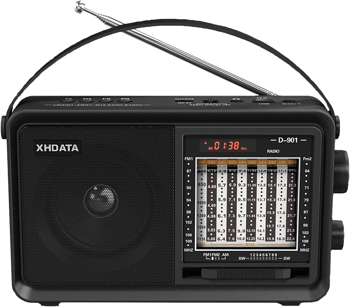 XHDATA D-901 Shortwave Radio AM/FM/SW Analog DSP Radio Transistor Radio with Good Reception Battery Operated Or AC Power USB/TF MP3 Player and Wireless BT Play with Large Knob Good for Parents, Elder
