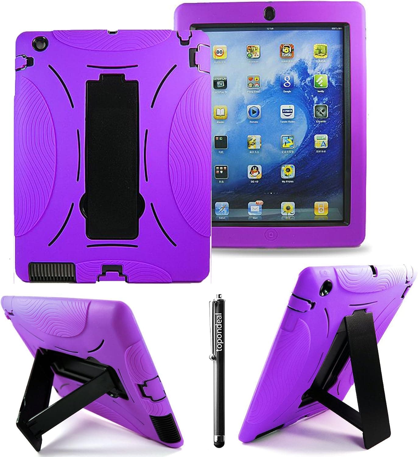 TopOnDeal TM Purple Heavy Duty Hybrid Kickstand Protective Case Cover+Include Stylus Touch Pen For Apple iPAD 2nd 3rd 4th Gen Generation (Purple)