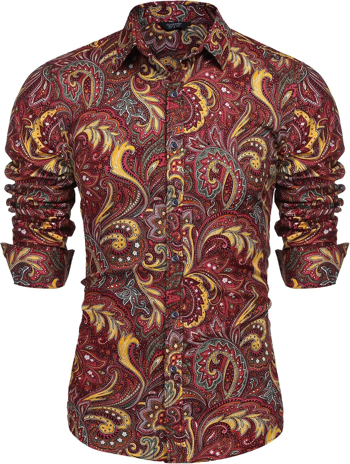 Coofandy Men's Paisley Cotton Long Sleeve Shirt Floral Print Casual Retro Button Down Shirt