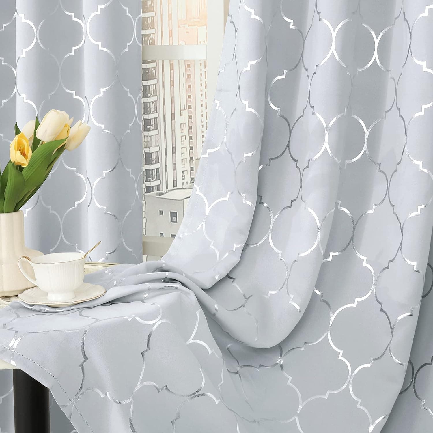 BGment Moroccan Patterned Room Darkening Curtains 84 Inch Length 2 Panels Set for Living Room, Silver Geometric Print Curtains for Bedroom Thermal Insulated, Grommet, Each 52 x 84 Inch, Greyish White