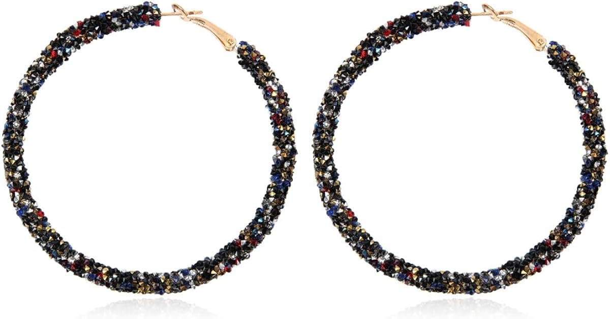 RIAH FASHION Glitter Rhinestone Statement Hoop Earrings - Sparkly Crystal Geometric Round Metal Hoops