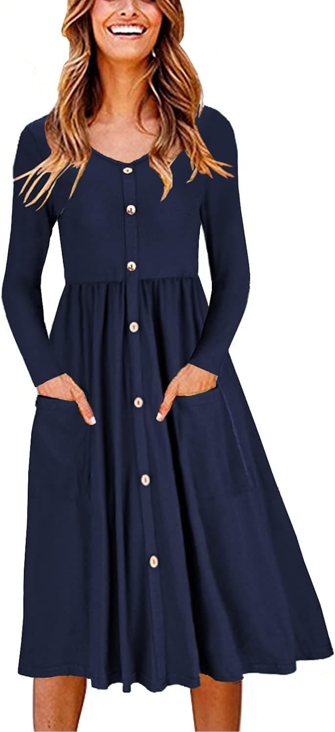OUGES Women's V Neck Button Down Skater Dress with Pockets