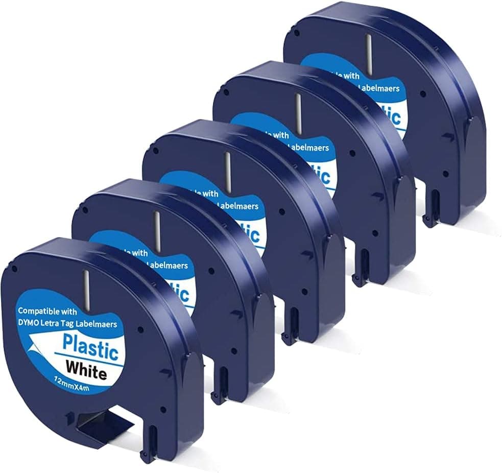 5 x Black on White Label 12mm x 4m Compatible with Dymo Label Maker Refills 91331 (S0721660) Replacement DYMO LetraTag Refill Plastic 91331 for Dymo Letra Tag Label Maker LT100H LT100T QX50