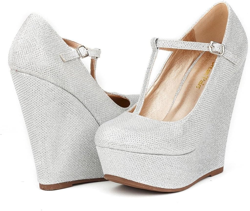 DREAM PAIRS Height Womens Mary-Jane T-Strap Wedge Platform Pumps Shoes Silver Size 6