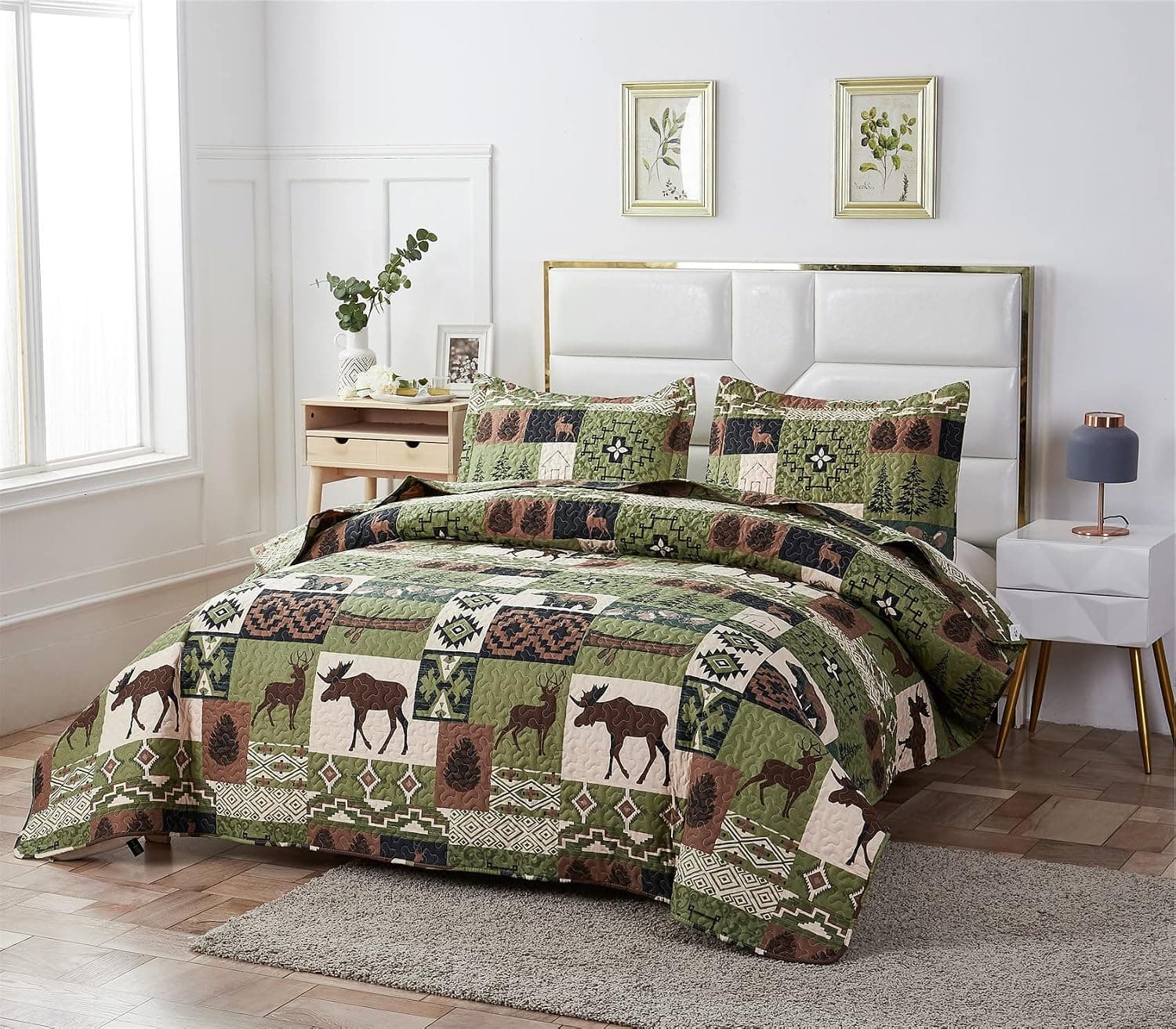 3 Piece Buffalo Plaid Dark Tea Green Moose Bear Reversible Quilt Set Twin,Rustic Home Lodge Cabin Lifestyle Moose Bear Pinetrees Bedspread Coverlet Bedding Set for All Season (Twin,Tea Green)