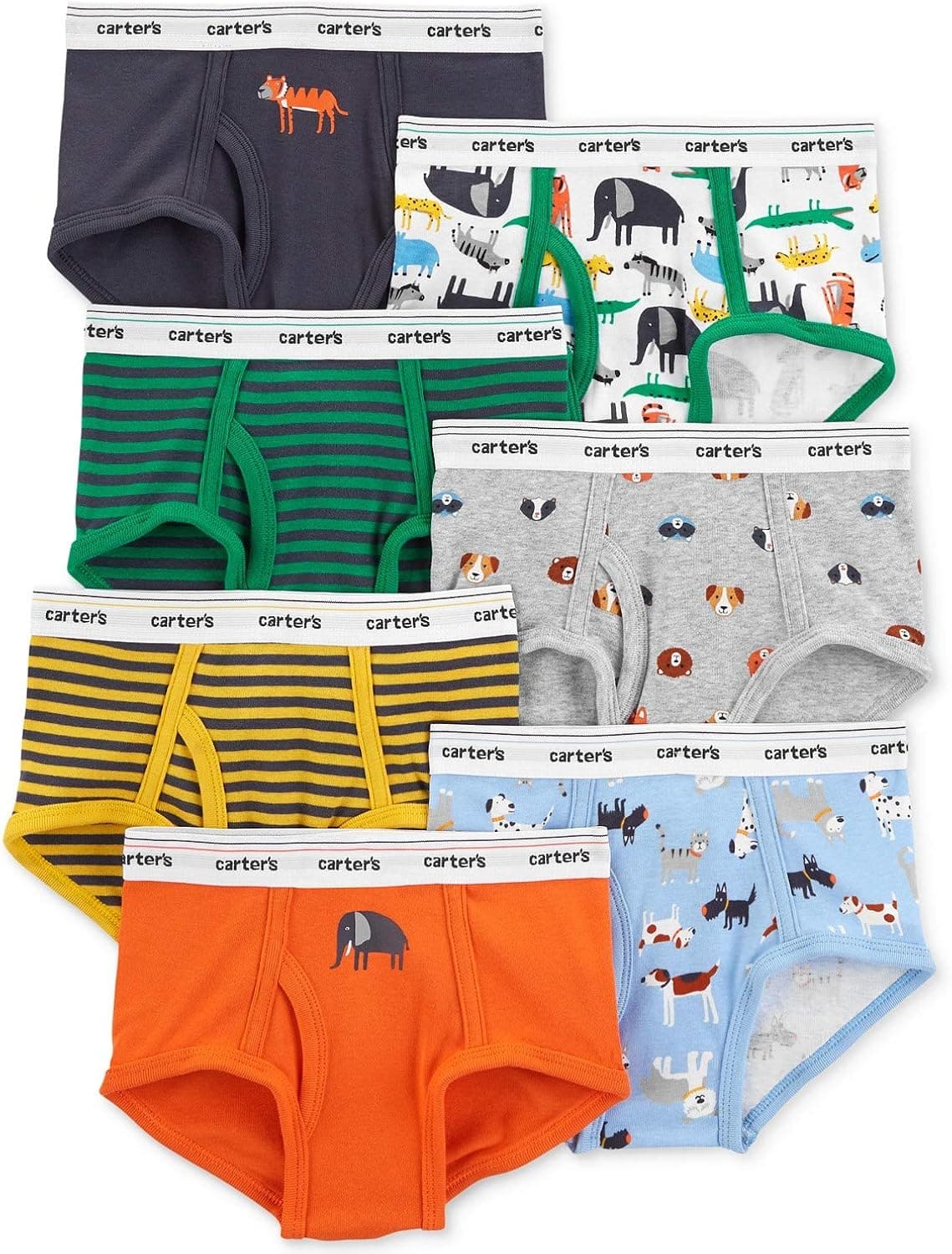 Carter's Boy's 7-Pack Weekday Stretch Cotton Panties, Animals(33634612)/Stripes/Green , 6-7