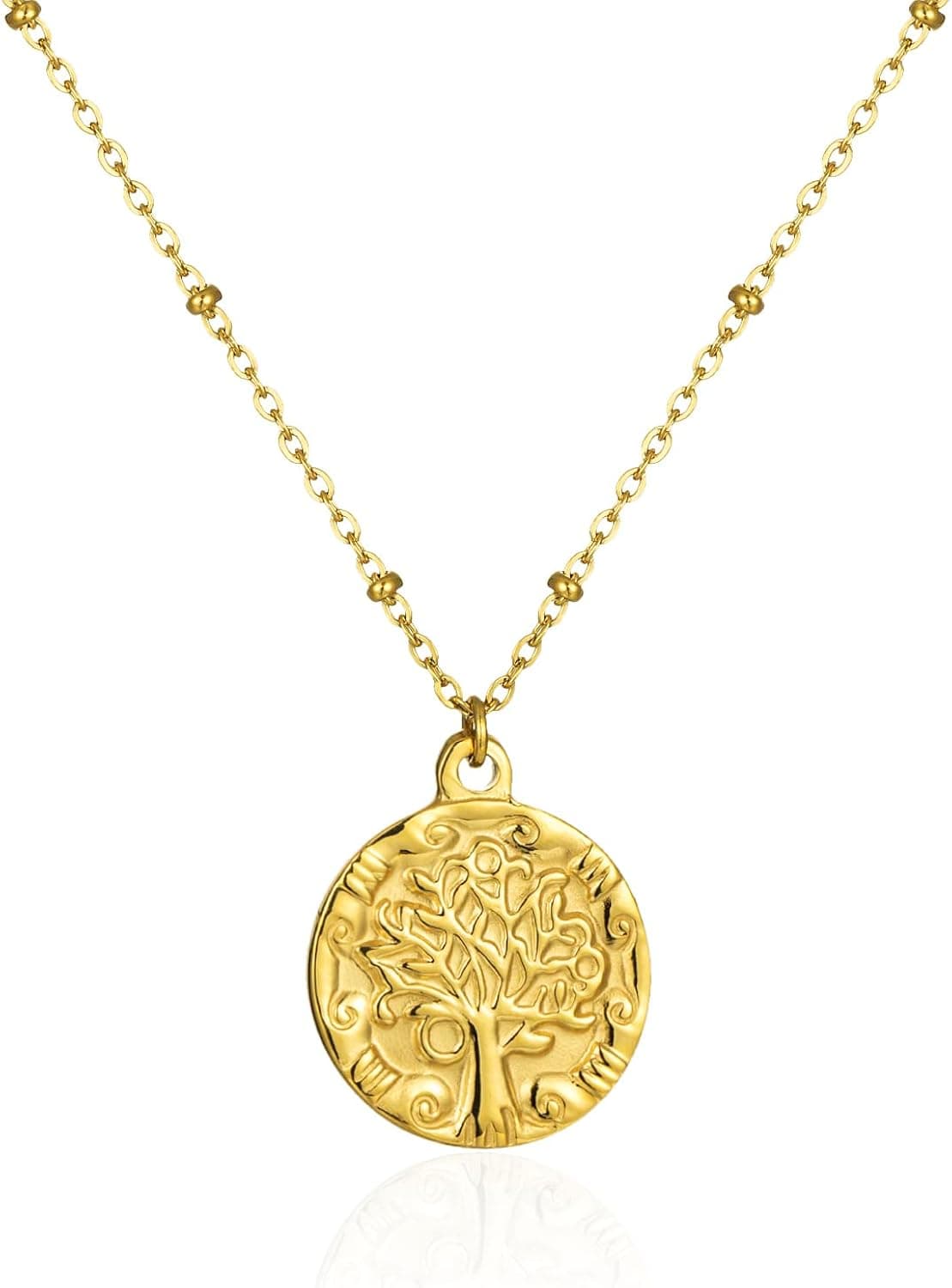 COSPERFAVER Tree of Life Gold Necklace for Women,14K Gold Plated Delicate Coin Necklace Heart Necklace，Fashion Unique Pendant Necklace for Women，Everyday Women's Jewelry Gifts
