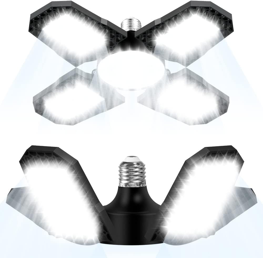 2-Pack 200W Led Garage Lights Deformable Garage Ceiling Lights 20880LM CRI>80 6000K Led Shop Lights with 5 Adjustable Panels 85~265V Garage Work Lights for Workshop Basement Bay Lighting E26/E27