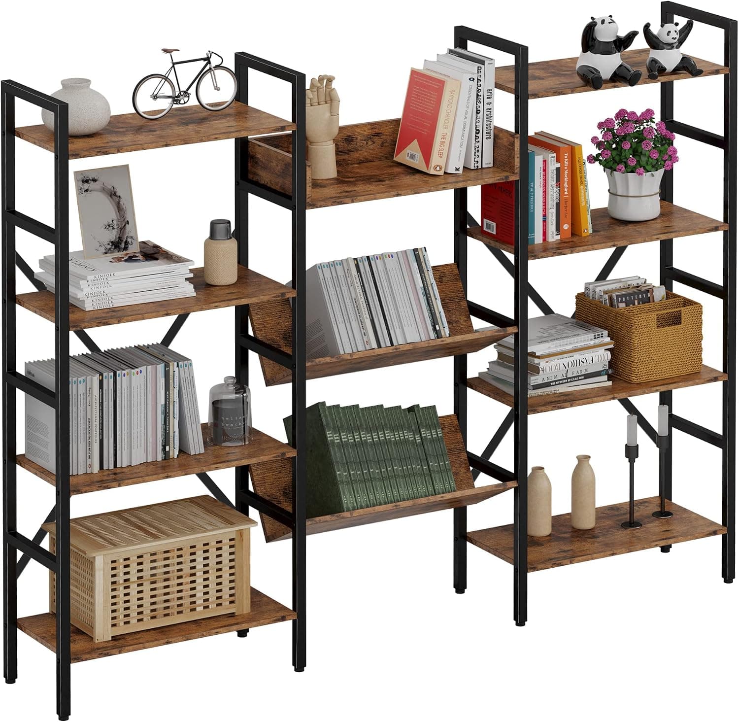 IRONCK Bookcases and Bookshelves 4 Tiers Industrial Triple Wide Bookshelf, Large Record Player Shelves with Metal Frame for Living Room Bedroom Home Office