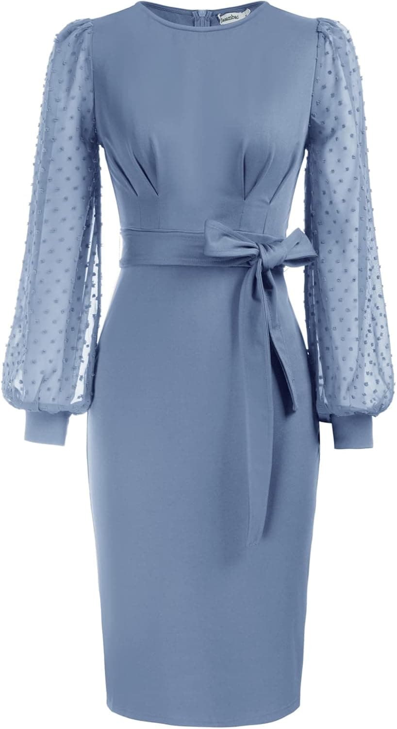 JASAMBAC Women's Bodycon Pencil Dress Swiss Dot Lantern Sleeve Work Dresses with Belt