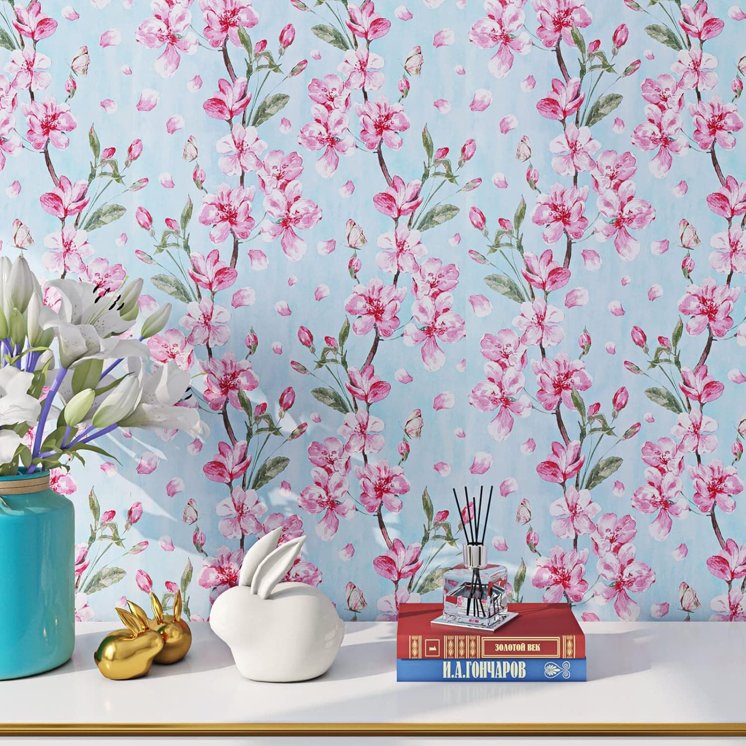 ReWallpaper 17.7X276 Peel and Stick Wallpaper Floral Pink Blue Japanese Flower Wallpaper for Girls Bedroom Kids Room Magnolia Self Adhesive Wall Paper Sticker Pull Stick Living Room Walls Watercolor