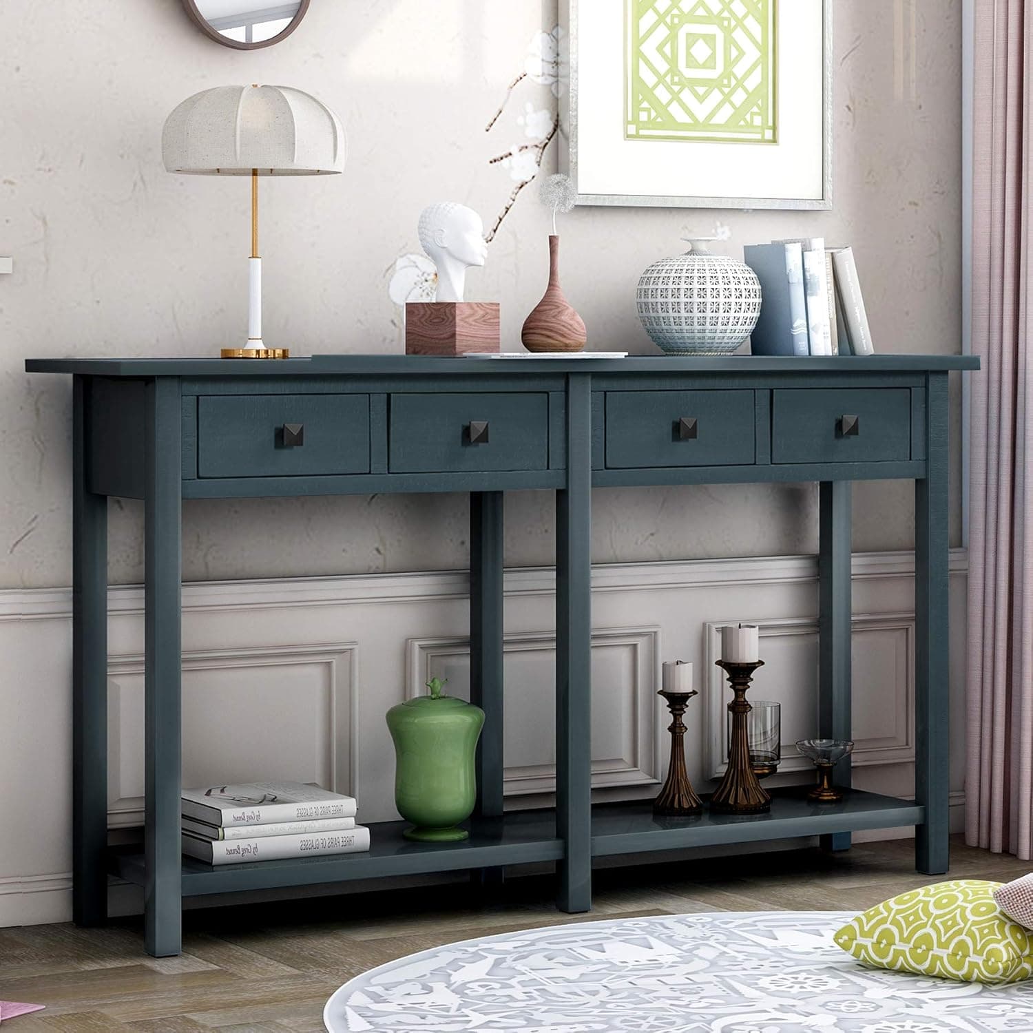 P PURLOVE Retro Console Table Sofa Table for Entryway with Drawers and Shelf Living Room Sideboard (Antique Navy)