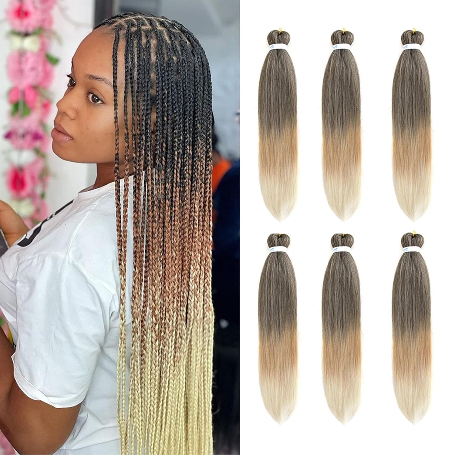 Pre Stretched Braiding Hair Extensions 30 Inch 6 Packs Yaki Texture Three Tone Ombre Professional Crochet Braids Hair Hot Water Setting Synthetic for Box Braids Crochet Hair or Twists Crochet Hair（1B/27/613）