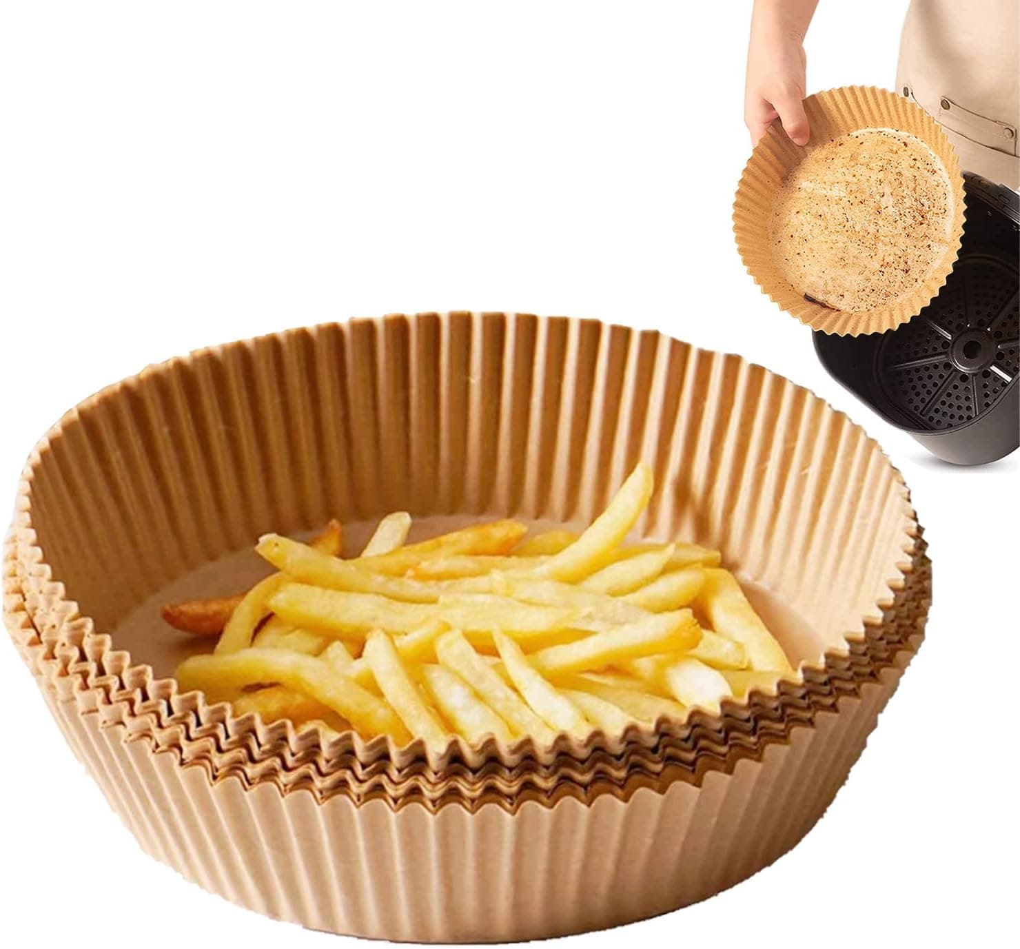 100 PCS Disposable Liners for Air Fryer,Air Fryer Round Liner Disposable,Air Fryer Accessories,Air Fryer Parchment Liner,Non-Stick,Oil-proof,Waterproof, Suitable for square air fryer, 7.9'',Wood color