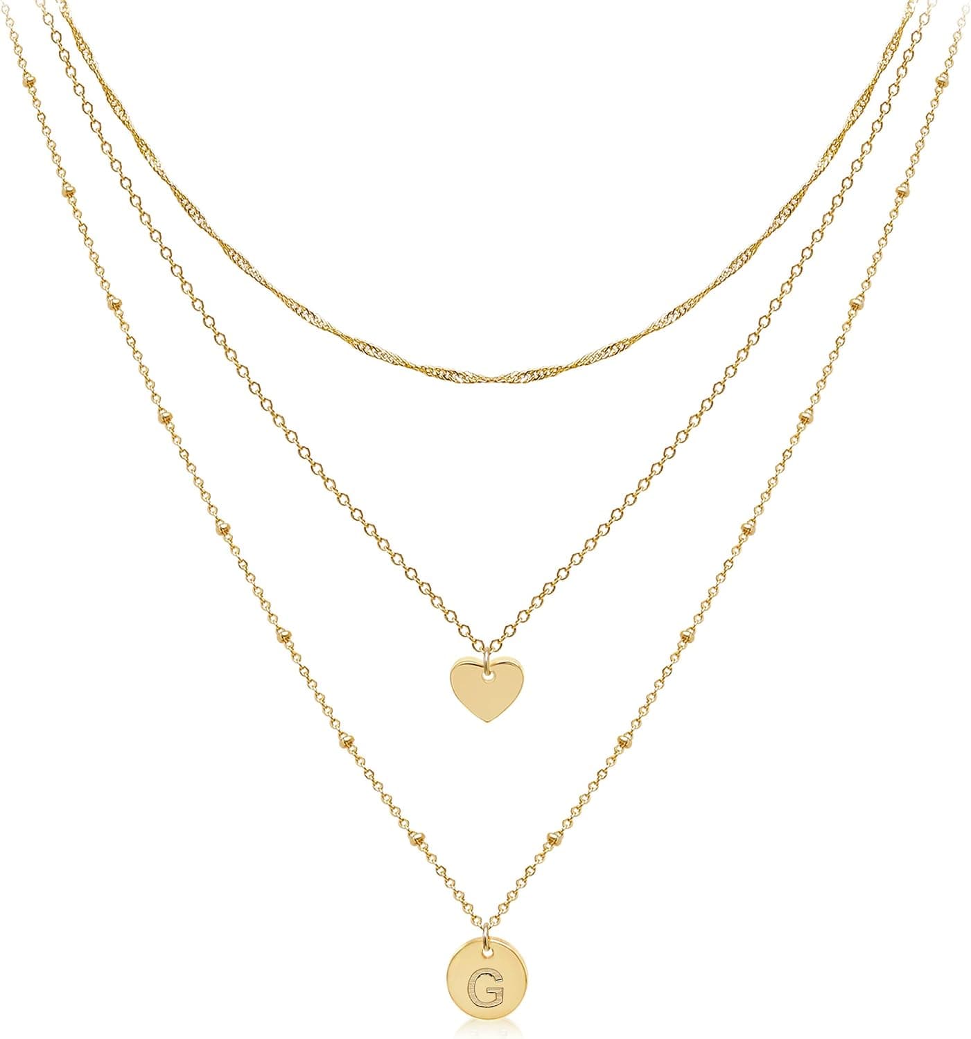 Aisansty Dainty Layered Initial Choker Necklaces Handmade 14K Gold Plated Tiny Heart Personalized Letter Disc Pendant Adjustable Chain Layering Gold Necklaces for Women Girls Gift Jewelry