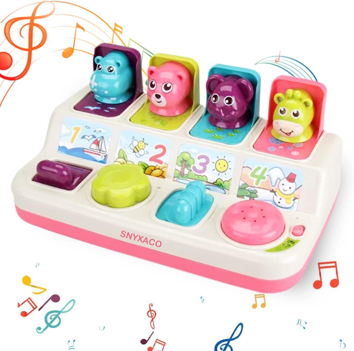 SNYXACO Baby Toys 6 to 12 Months, Musical Pop Up Toy for Babies,Toddlers, Infant,Kids,Baby Sensory Toys 12-18 Months, Animal Sound, STEM Early Developmental（Button Color Random Delivery）