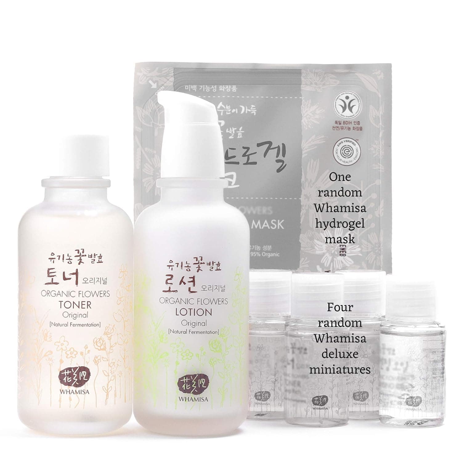 Whamisa Organic Flowers Original Toner, Original Lotion Skin Care Set | Korean Skincare Kit with Organic Facial Mask and 4 Random Best Korean Skincare Miniatures