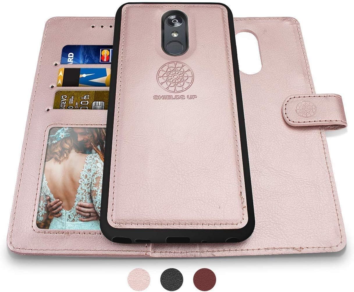 Shields Up Compatible with LG Aristo 4 Plus case, LG Prime 2/Tribute Royal/Escape Plus/Arena 2/Journey LTE case Wallet Case, [Detachable] Magnetic [Vegan Leather] Case for LG Aristo 4+ -Rose Gold