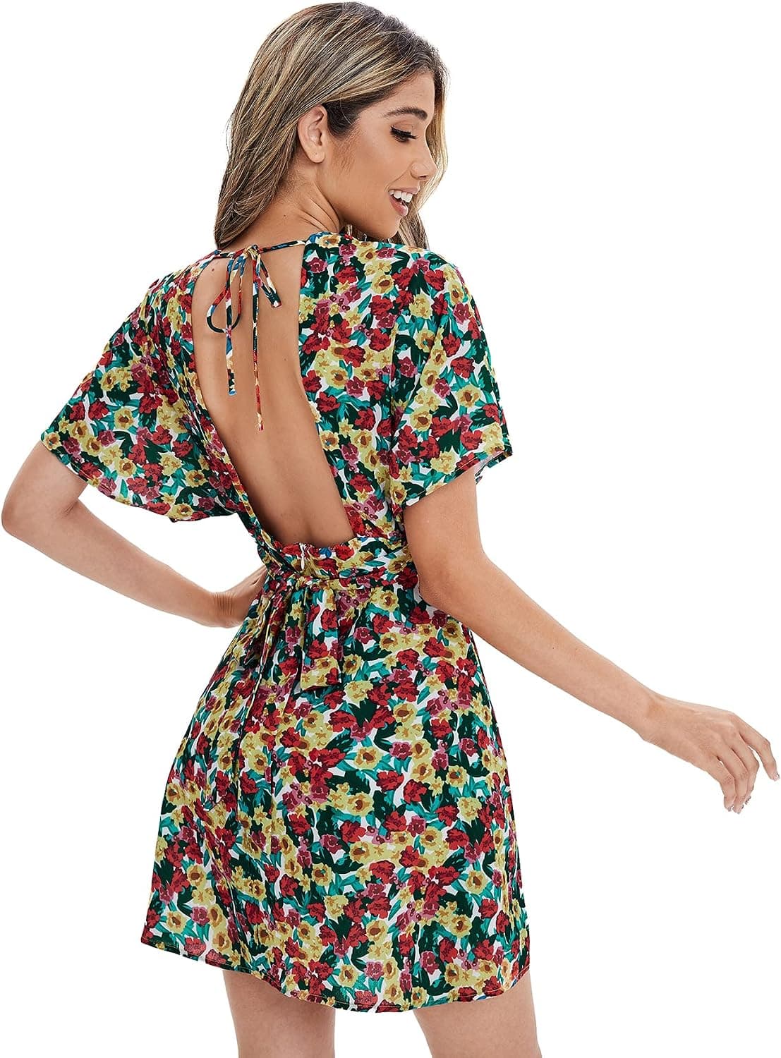 Floerns Women's Tropical Floral Plunging V Neck Tie Open Back Summer Short Dress Multi Floral M