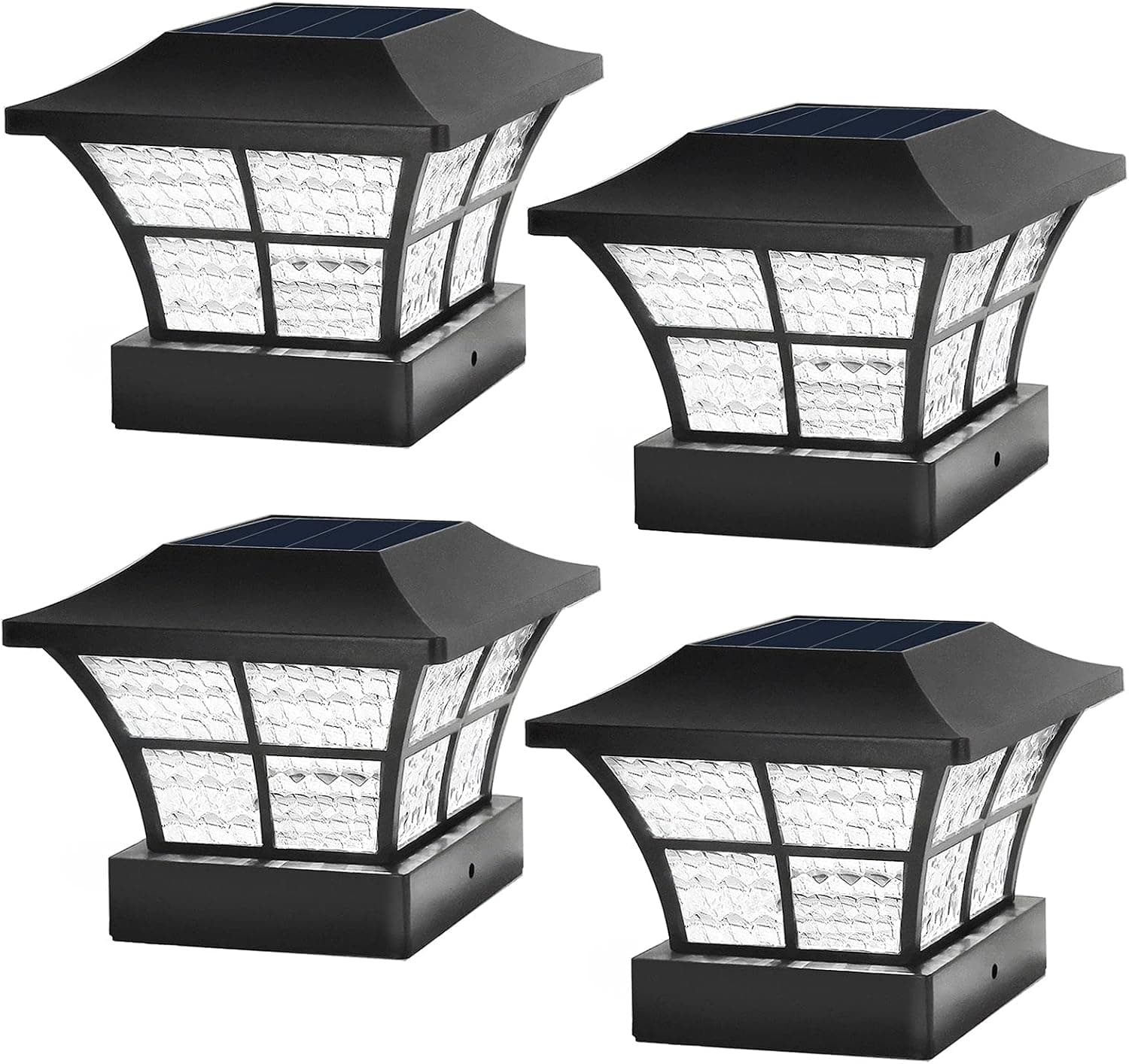 4PK Fence Post Solar Lights Outdoor 3.5x3.5 4x4 inch Classic Square Deck Cap LED Lamp Wooden Posts Waterproof for Landscape, Pathway, Patio, Front Door Decoration (Black- Cool White)