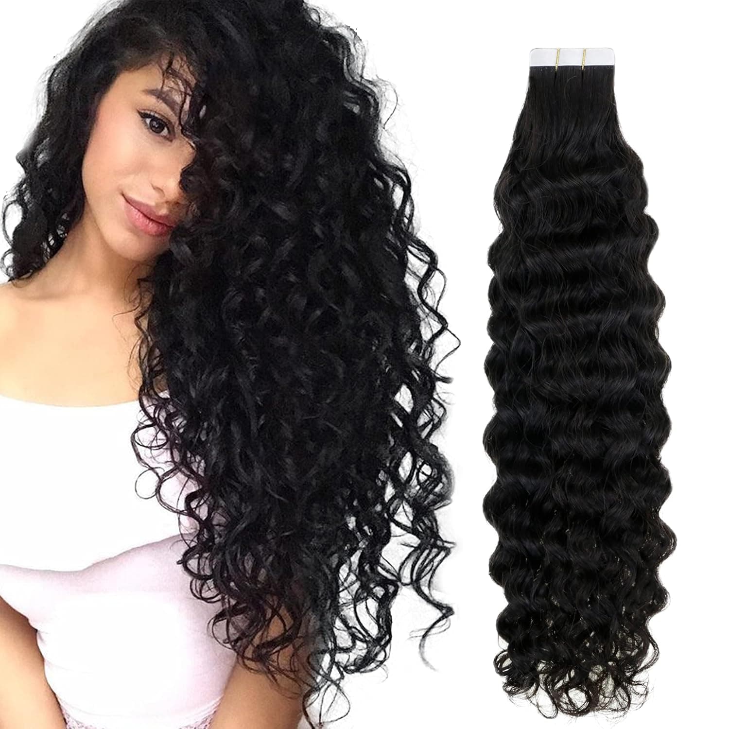 Easyouth Tape in Curly Hair Extensions Natural Wave Human Hair Tape ins Color Natural Black Tape in Extensions Real Hair for Black Woman 14Inch 50g 20Pcs per Pack