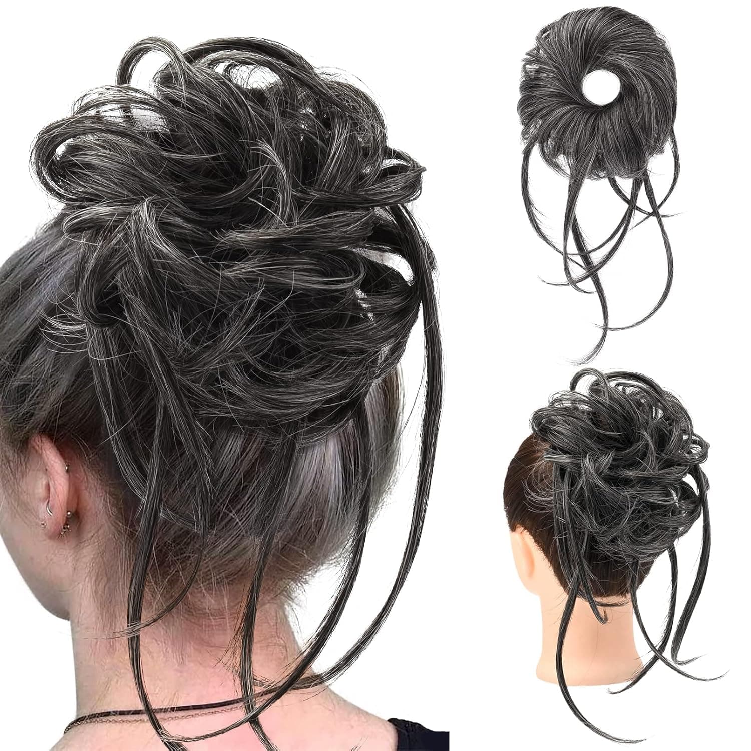 HOOJIH Messy Bun Hair Piece, Super Long Tousled Updo Hair Bun Extensions Wavy Hair Wrap Ponytail Hairpieces Hair Scrunchies with Elastic Hair Band for Women Girls - Dark Gray