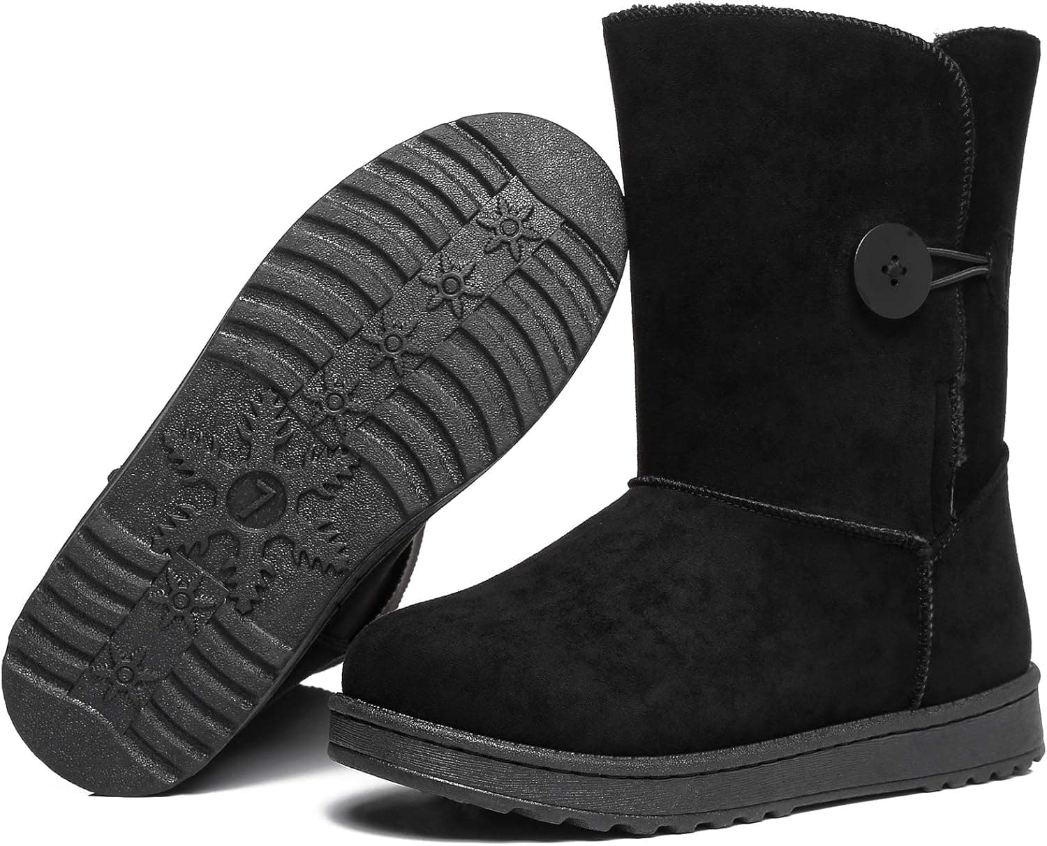 Womens Winter Snow Boots Faux Fur Mid Calf Boots Black Boots for women Slip on Ankle Boots Comfy Fuzzy Boots with Button(Black.US8)