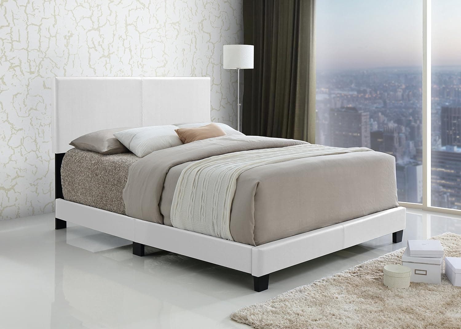 White Bonded Leather Queen Size Upholstered Headboard Footboard