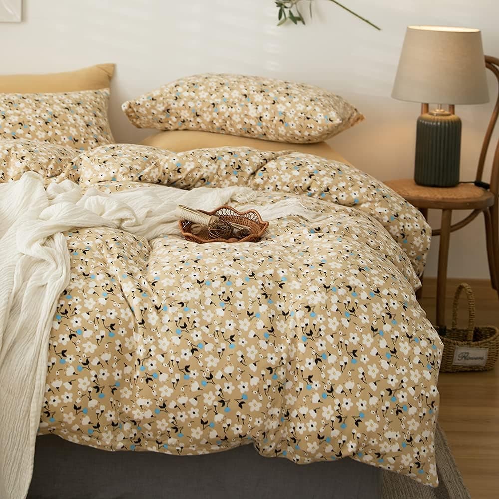 Floral Duvet Cover Queen Aesthetic Bedding Queen Yellow Farmhouse Jersey Duvet Cover Set Full for Girls Teens Women Super Soft Bedding Set with Hidden Zipper, No Comforter