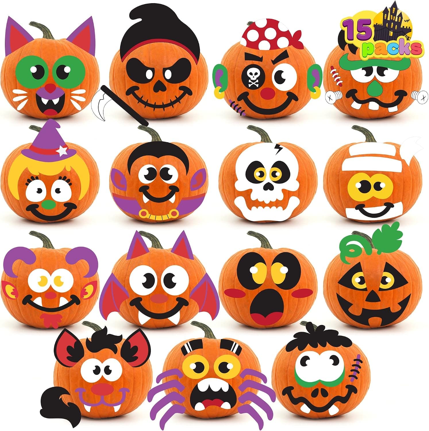 JOYIN 15 Packs Halloween Foam Pumpkin Decoration Stickers Pumpkin Foam Stickers in 15 Designs with 5 Small Foam Stickers, Halloween Party Supplies Trick or Treat Party Favors