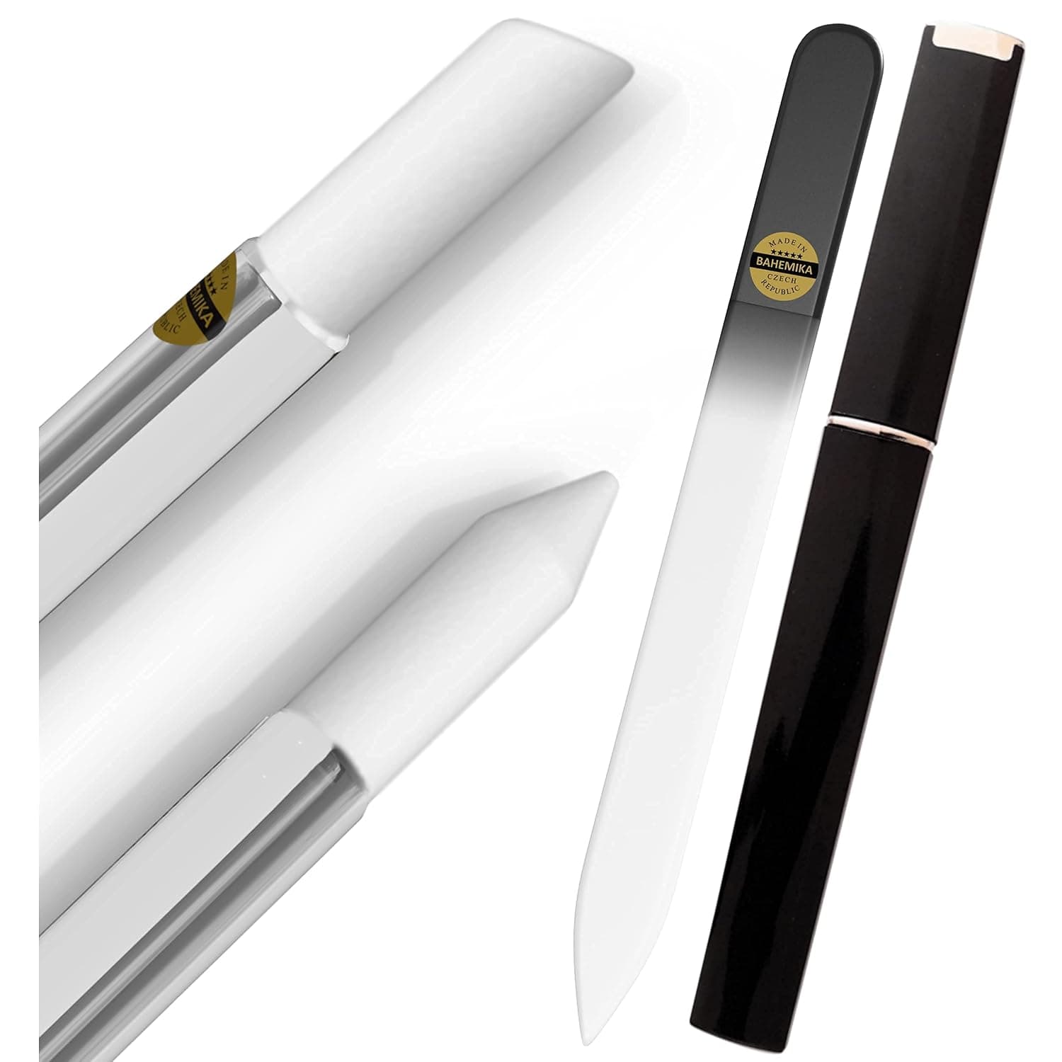 Bahemika Glass Nail File With Case - Czech Cuticle Pusher Stick Hangnail Remover Crystal Files for Natural Nails Manicure Set Alternative To Orange Sticks Metal Fingernail File, Black