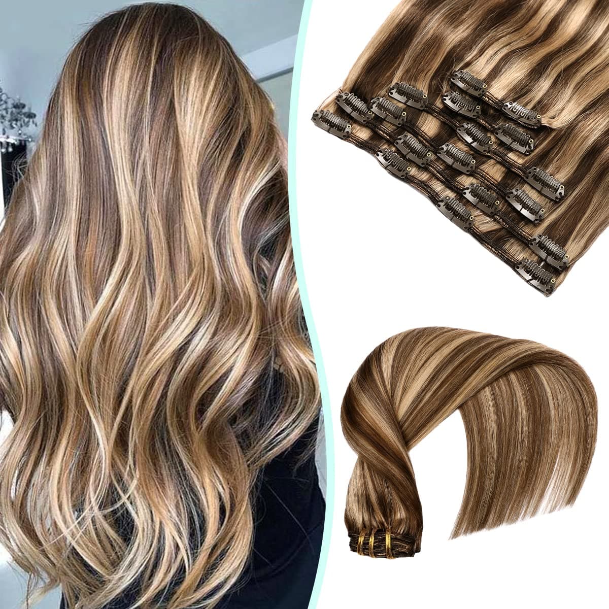 VINBAO Clip in Human Hair Extensions Silk Soft Remy Human Hair Color 4 Medium Brown Highlighted 27 Caramel Blonde Clip in Hair Extensions 18 inch 120 Gram 6 Pcs Double Weft  (#4P27, 18'')