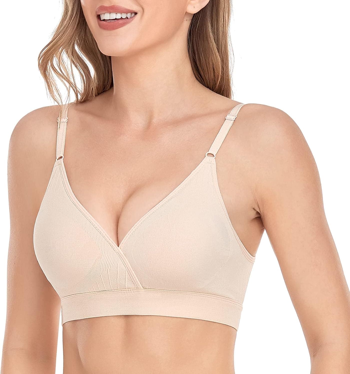 Vinfact Bras for Women No Underwire Bralettes Seamless V Neck Women's Everyday Bra Criss-Cross Wear with Extra Bra Extender - XXL, Nude